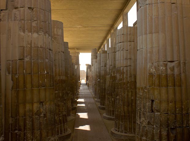 Hypostyle Sakkara Enormous columns form the approach to the great courtyard at Zoser's Step Pyramid, Sakkara.