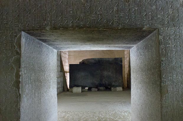 Pyramid of Teti Sarcophagus and hieroglyph texts below the pyramid of Teti, Sakkara, Egypt.