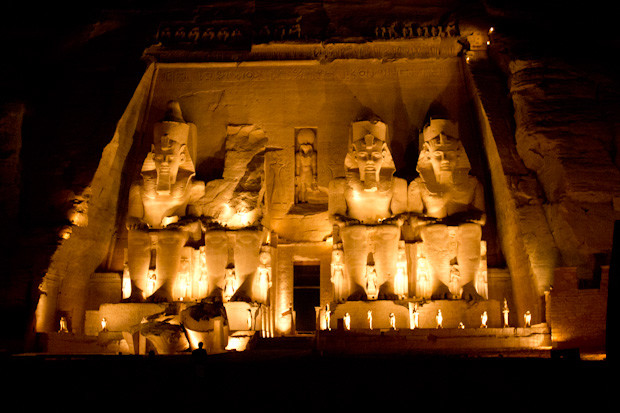 Abu Simbel Light Show The four colossi of Ramses II at Abu Simbel illuminated at night.