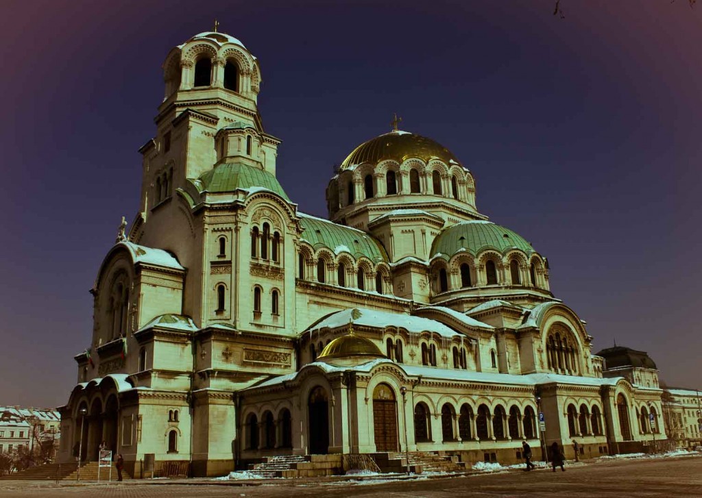 The Byzantine domes and arches of Alexandra Nevsky Cathedral, Sofia, Bulgaria.