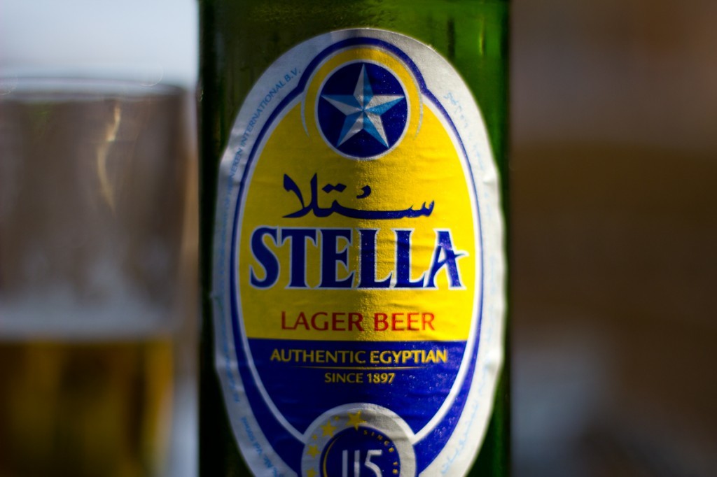 Egyptian Stella beer on the table.