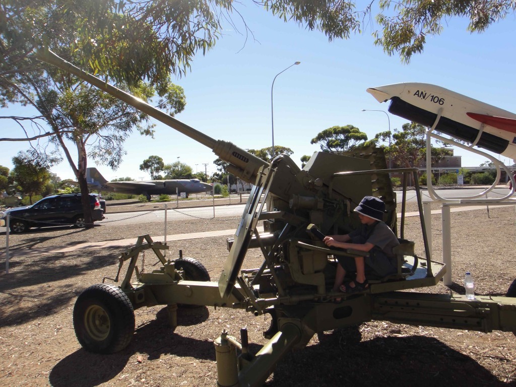 Bofors gun Woomera South Australia Z pretending to fire a WWII Bofors gun, Woomera, South Australia