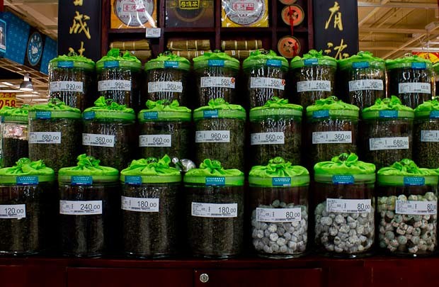 Chinese Supermarket Teas Jars of tea in Chinese Supermarket.