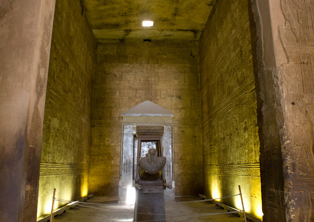 Edfu- Sanctuary The sanctuary at the temple of Horus in Edfu, complete with model sacred barque on the altar.