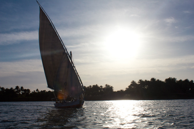Felucca on the Nile Felucca sailing on the Nile into a blaze of sunlight.