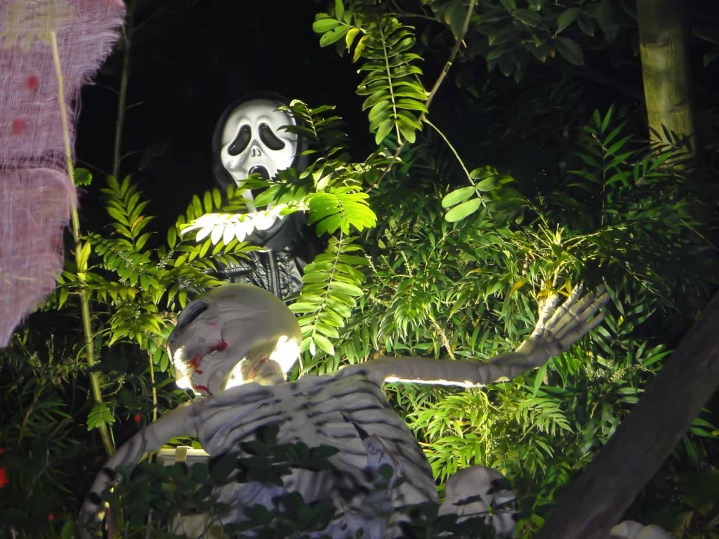 Halloween Z and Skelly Z in Scream mask with skeleton at Happy Valley, Chengdu, on Halloween.