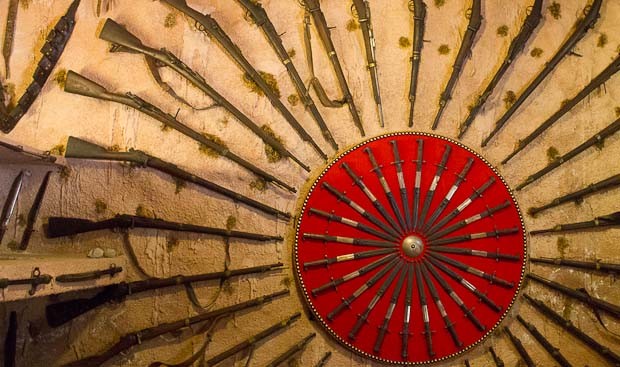 Moussa Castle-12 Rifles form a circle around a bayonet target, in Moussa Castle, the Chouf, Lebanon.