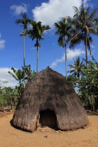 Nome, Timor, traditional beehive hut on sand backed by palm trees.