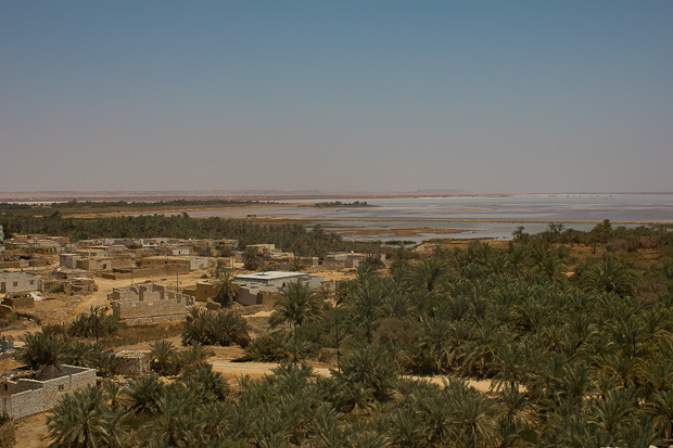 Siwa- view over houses, palms and lake View of palm trees, mudbrick houses and lakes on the outskirts of Siwa.