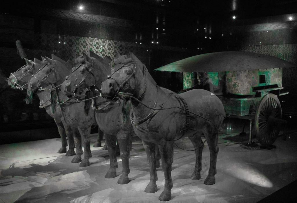 Bronze chariot crafted for Qin Shi Huang with horses - museum at Terracotta Warriors, Xi'an.