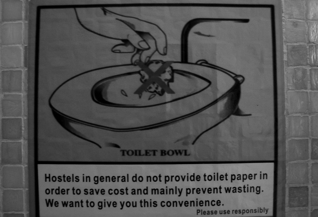 Toilet paper sign in Chinese hostel.