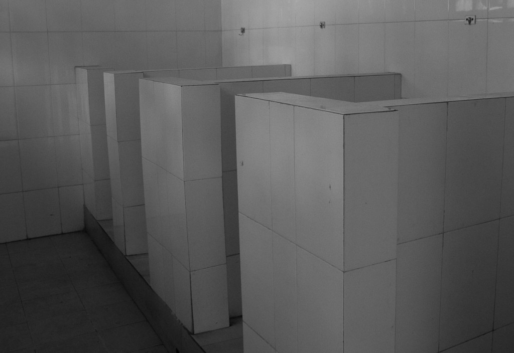 Chinese row of toilets with no doors.
