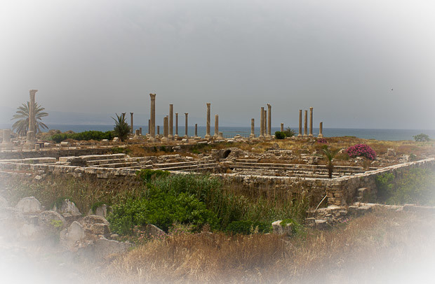 Tyre-5 Al-Mina archaeological site at Tyre, with pillars and columns spreading out to sea.