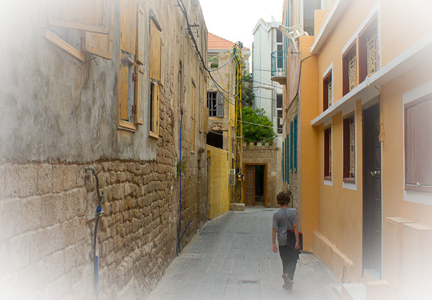 Tyre Z walking through the Christian district of Tyre Old Town, Lebanon.