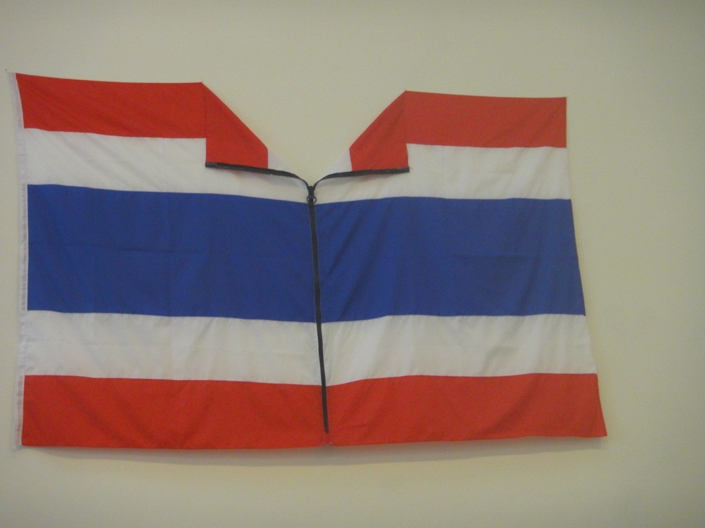 shirt made from Thai flag zip up shirt crafted from Thai flag, artwork on display at Bangkok centre for Art & Culture