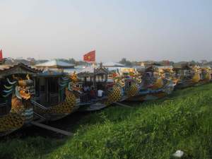 Dragon boats parked close together, Perfume River, Hue, Vietnam