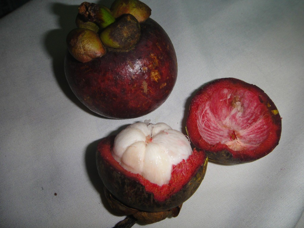 mangosteens One whole mangosteen, one halved to reveal the fruit.