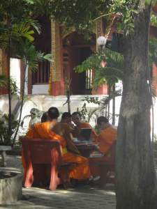Novices studying in the shade, Wat Phra Singh, Chiang Mai, Thailand.
