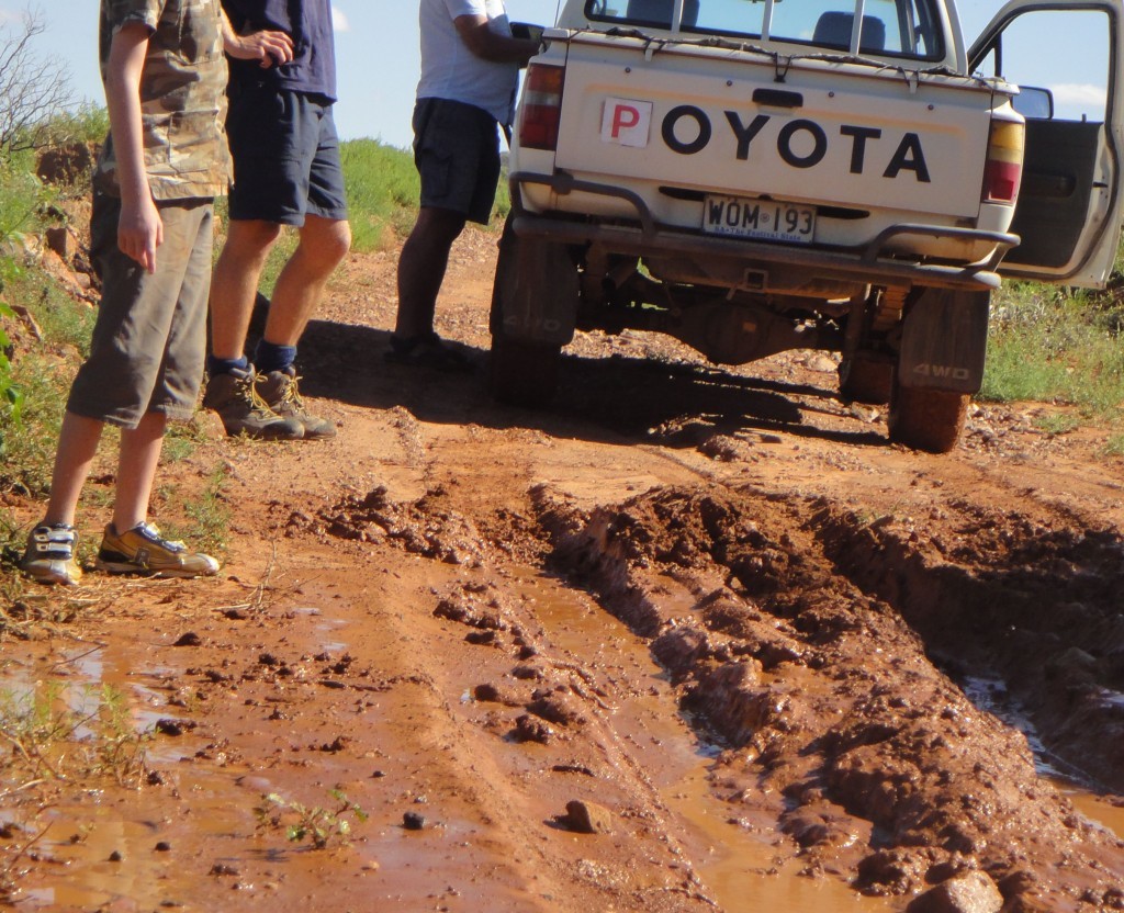 The back of a ute, with P plates, sits on a churned up red dirt road.