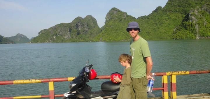 Zac, dad and bike at the end of the road, Cat Ba island, Halong Bay, Vietnam