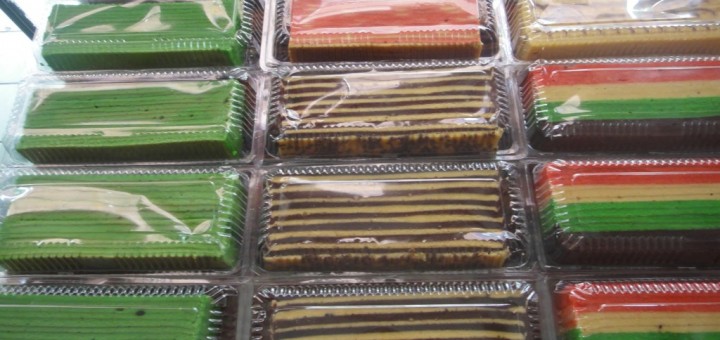 Brightly coloured stripey cakes for sale in Borneo.