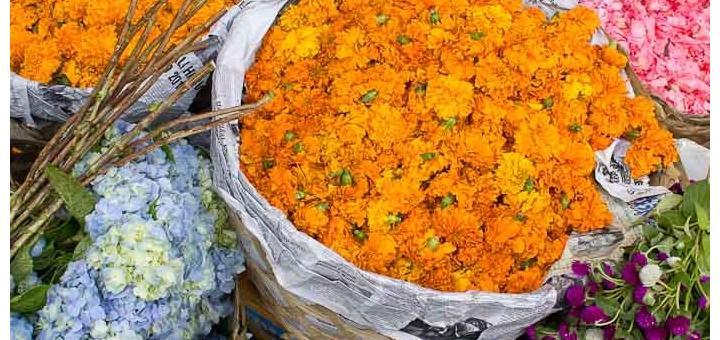 Flowers for offerings on sale at Ubud market Bali.