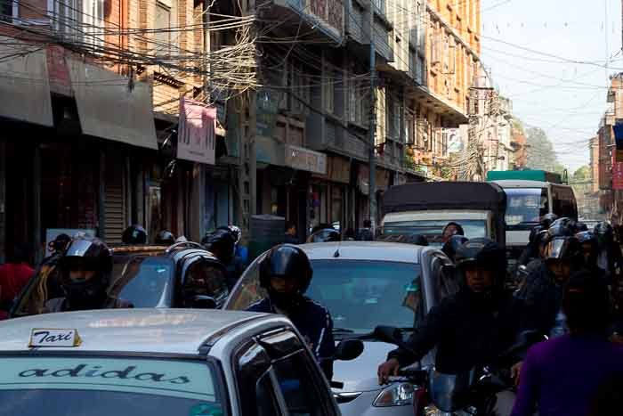 Traffic clogs the streets of suburban Kathmandu.