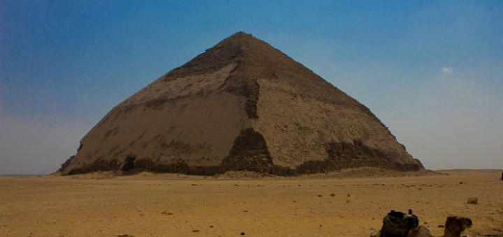 Camel and sand in front of the bent pyramid at Dahshur.