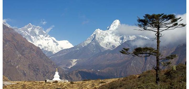 Tall juniper overshadows chorten with Ama Dablam in the background: Khumjung.