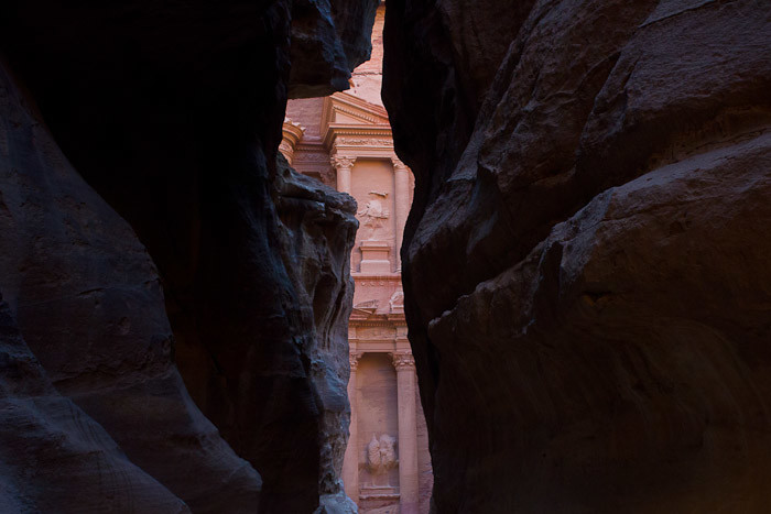 View through the Siq at Petra, Jordan, revealing The Treasury.