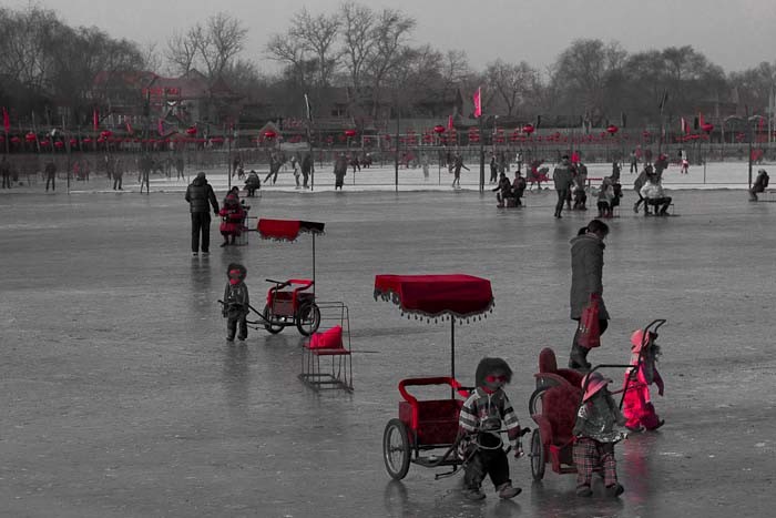 Ice skating in Beijing: terrifying robot-powered rickshaws on Qianhai Lake.