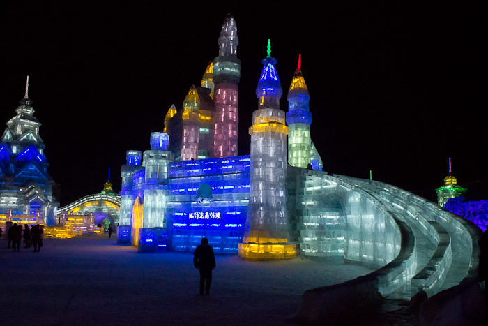 Harbin ice sculpture festival -- ice palace with slides.