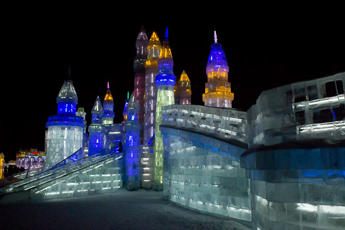 Ice palace with ice slide at Harbin Snow & Ice World.