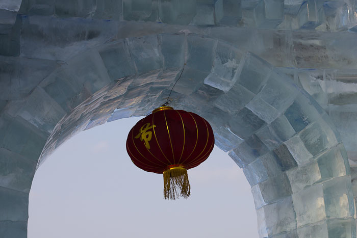 Ice lantern blowing in the wind on the Songhua River.