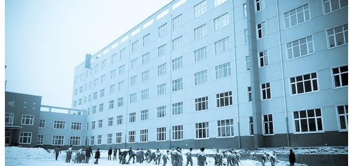 Chinese school in Harbin -- kids shovelling snow.