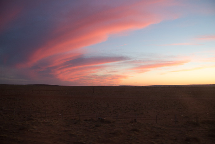 Sunset over the Gobi from a train window.