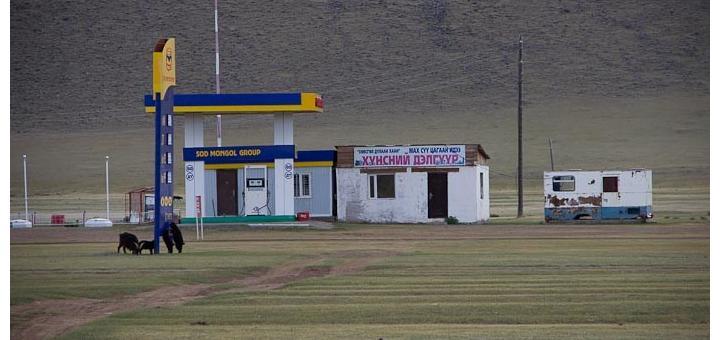 Petrol station, outer Mongolia, with goats and no road.