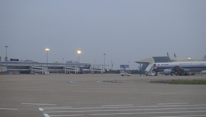 Charming pollution skies as we refuel at Wuhan airport.