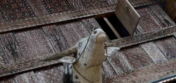 Decorative buffalo on tongkonan house, Toraja, Sulawesi.
