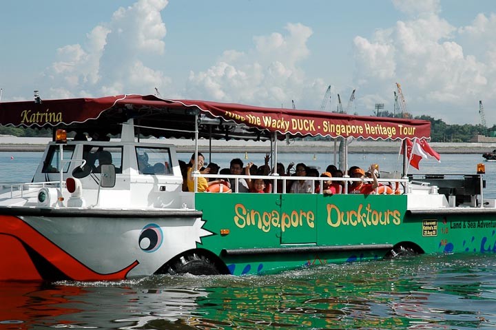 Duck tour amphibious vehicle on the water, Singapore.