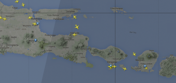 Graphic of planes in flight over Bali as the nightline moves to Java on FlightRadar24.