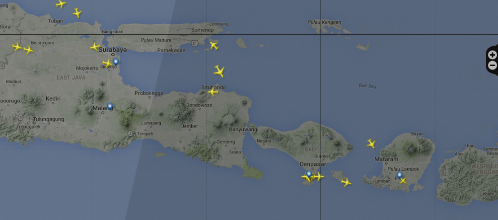 Graphic of planes in flight over Bali as the nightline moves to Java on FlightRadar24.