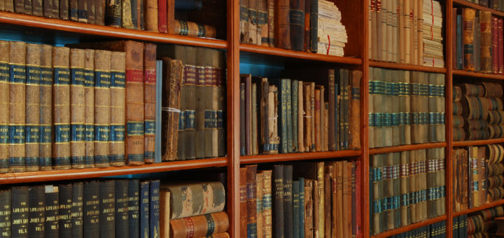 Antique books in a library.
