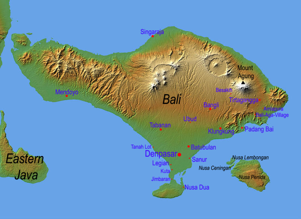 Relief map of Bali showing Agung and Batur.