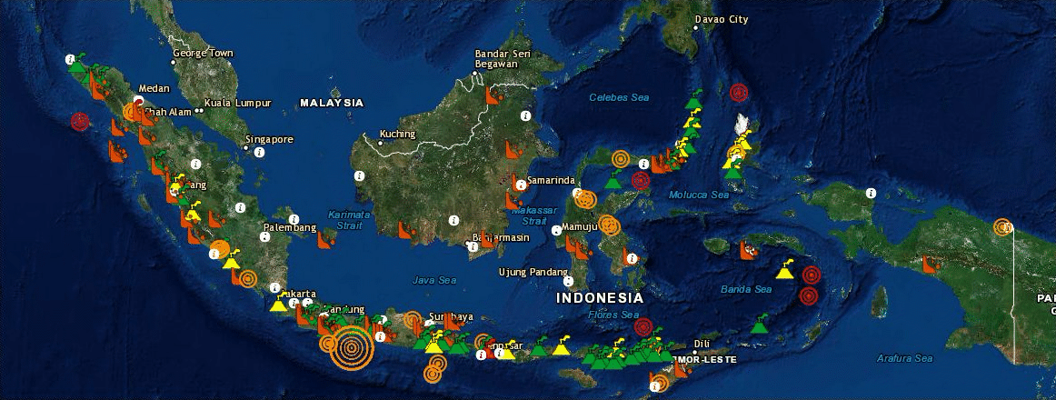 Gif of earthquakes, volcanoes and landslides happening across Indonesia.