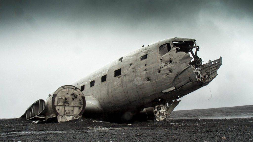 ruined aeroplane in a junk yard