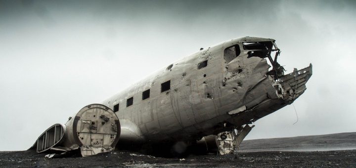 ruined aeroplane in a junk yard